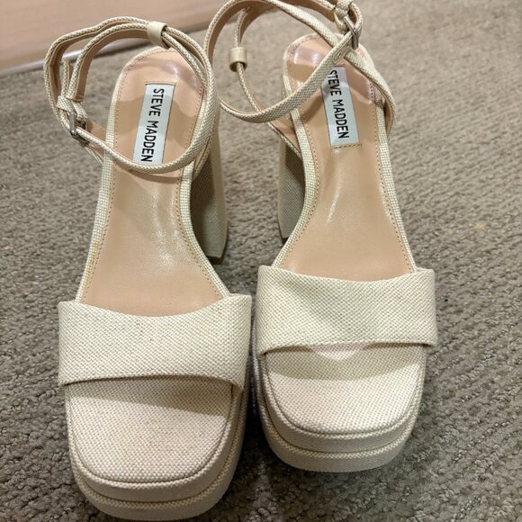Steve Madden Warped Platform Block Heel Sandal in Tan/Cream Linen 7.5 - Picture 1 of 3